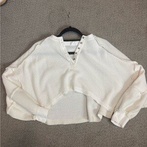 Urban Outfitters Cream Waffle Henley Cropped Sweatshirt